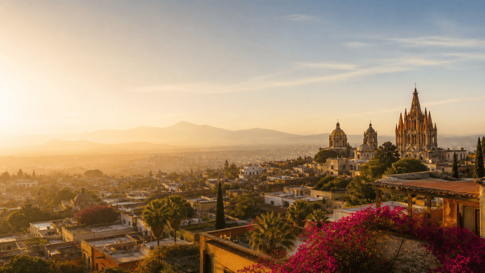 Vista panorámica de una ciudad histórica al amanecer