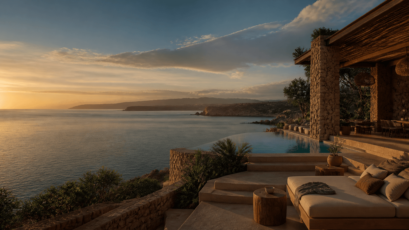 Terraza de un hotel frente al mar durante el atardecer